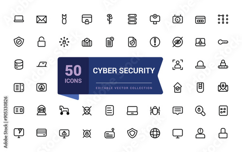 Set of Cyber security web icons in line style. Related to Guard, password, safety, key, shield. Minimalist thin linear web ui icon set. Simple editable vector stroke illustration.