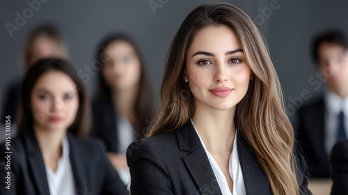 Confident Young Professional A Successful and Good-Looking Woman Team Leader Start-up CEO Lawyer or Boss in an Office Setting Exemplifying Leadership and Professionalism with Her Team in the Back