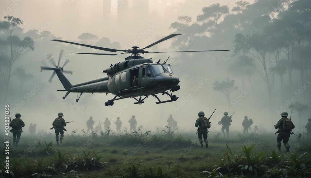 A military helicopter hovering above a dense Vietnamese jungle in heavy rain, with soldiers rappelling down into the thick greenery below.
A military helicopter hovering above a dense Vietnamese jungle in heavy rain, with soldiers rappelling down into the thick greenery below.