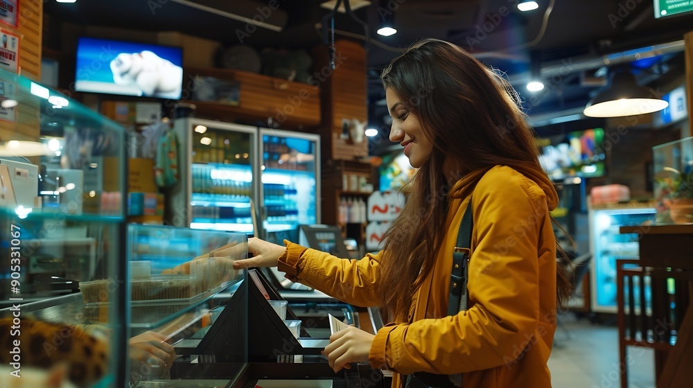 Young satisfied woman paying for purchase at pet shop counter desk : Generative AI Young satisfied woman paying for purchase at pet shop counter desk : Generative AI