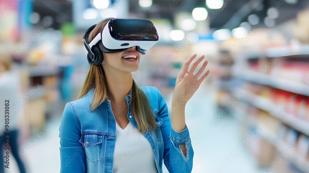 A woman wearing a VR headset smiles while experiencing virtual reality in a store. A woman wearing a VR headset smiles while experiencing virtual reality in a store.