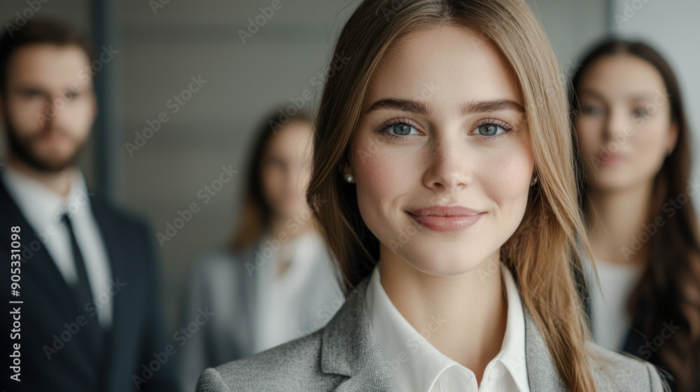 Confident Young Professional A Successful and Good-Looking Woman Team Leader Start-up CEO Lawyer or Boss in an Office Setting Exemplifying Leadership and Professionalism with Her Team in the Back
