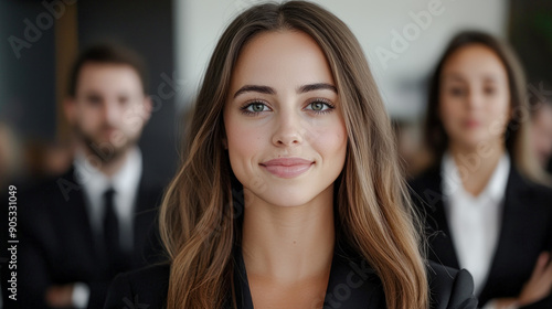 Confident Young Professional A Successful and Good-Looking Woman Team Leader Start-up CEO Lawyer or Boss in an Office Setting Exemplifying Leadership and Professionalism with Her Team in the Back