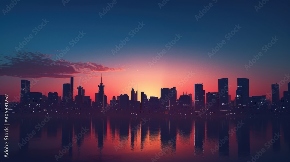 Obraz premium Serene Evening Silhouette: Urban Cityscape in Twilight Colors