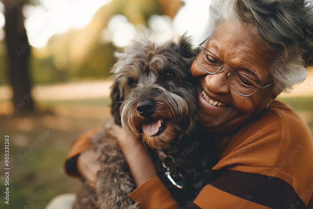 Senior Woman Joyfully Hugging Her Fluffy Dog in Outdoor Park Setting During Golden Hour