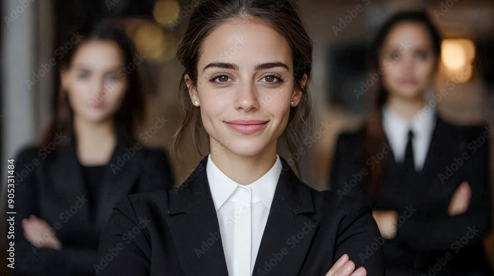 Confident Young Professional A Successful and Good-Looking Woman Team Leader Start-up CEO Lawyer or Boss in an Office Setting Exemplifying Leadership and Professionalism with Her Team in the Back Confident Young Professional A Successful and Good-Looking Woman Team Leader Start-up CEO Lawyer or Boss in an Office Setting Exemplifying Leadership and Professionalism with Her Team in the Back