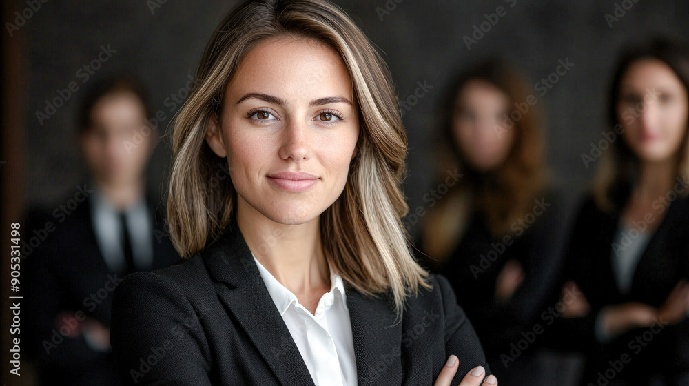 Confident Young Professional A Successful and Good-Looking Woman Team Leader Start-up CEO Lawyer or Boss in an Office Setting Exemplifying Leadership and Professionalism with Her Team in the Back Confident Young Professional A Successful and Good-Looking Woman Team Leader Start-up CEO Lawyer or Boss in an Office Setting Exemplifying Leadership and Professionalism with Her Team in the Back
