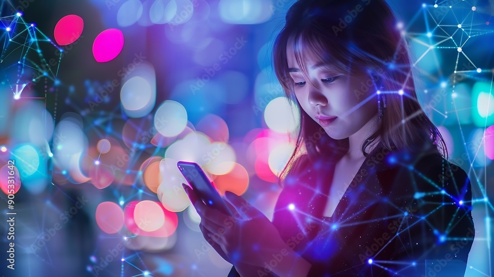 Fototapeta premium Wireless communication network concept Mobile technologyYoung asian woman using a smart phone : Generative AI