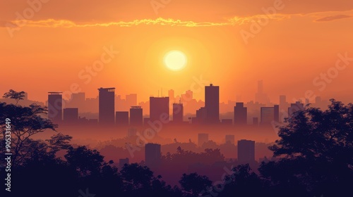 Tranquil Silhouette of Cityscape in Golden Sunset Glow