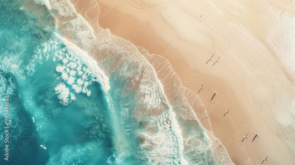 An aerial shot from a drone over a crystal-clear coastline, capturing the stunning interaction between shore and sea An aerial shot from a drone over a crystal-clear coastline, capturing the stunning interaction between shore and sea