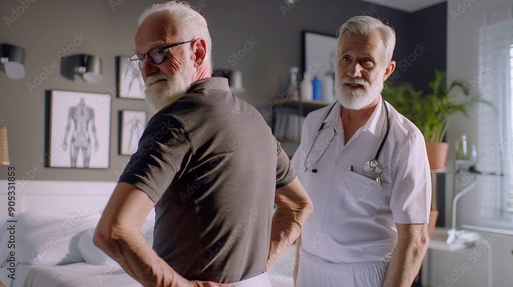 Obraz premium Physio therapist chiropractor and senior man with back pain for rehabilitation consulting and exercise Healthcare physical therapy and person and patient for medical service wellness a : Generative AI