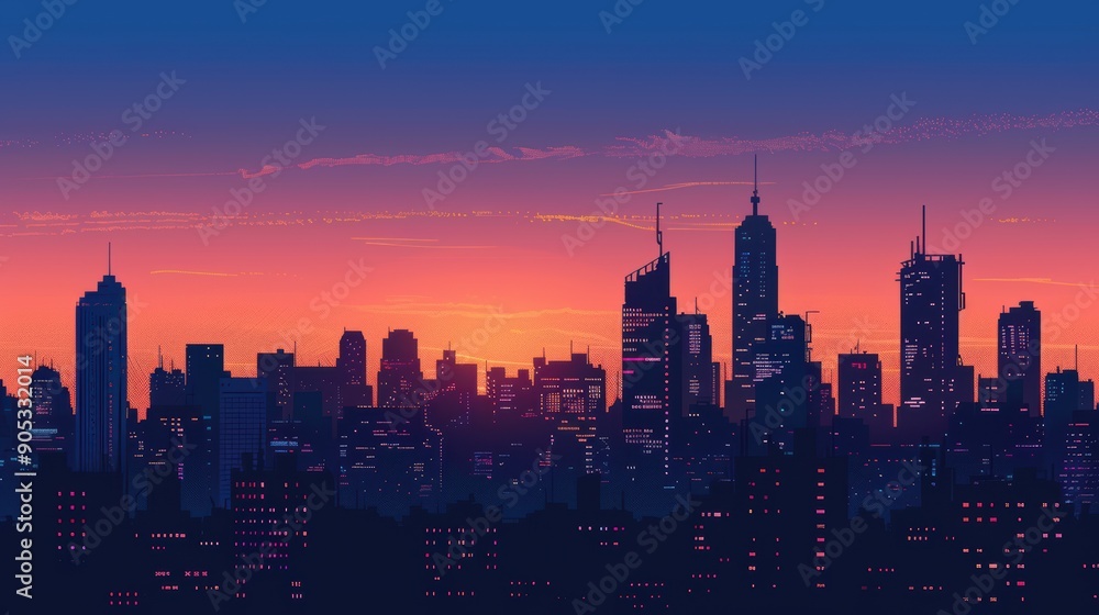 Fototapeta premium Twilight Silhouette of Vibrant Cityscape with Dazzling Evening Hues