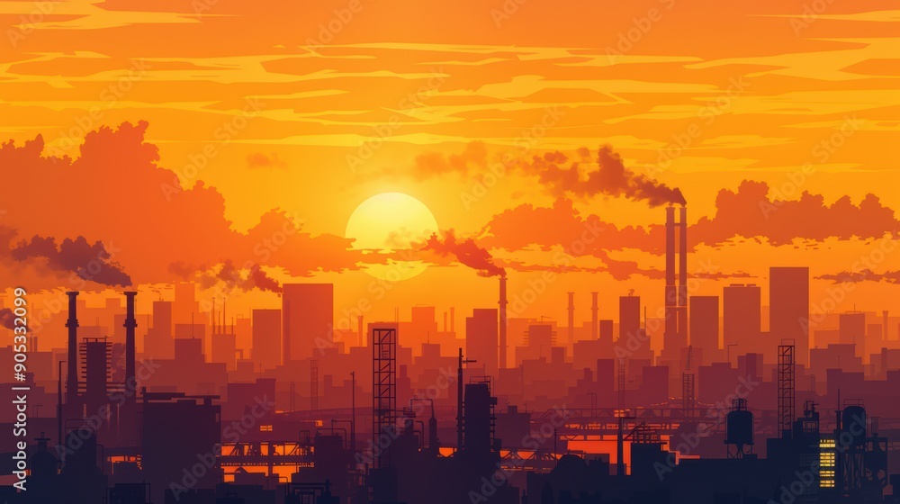 Fototapeta premium Urban Sunset Silhouette - Cityscape with Vibrant Orange Skyline Silhouetted Against Setting Sun