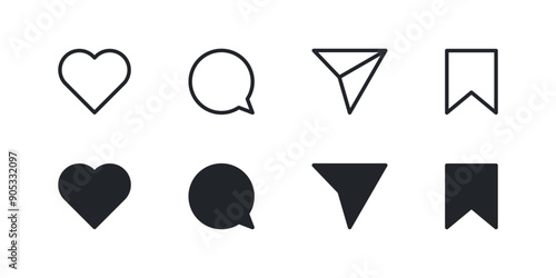 Like, comment, share and save social media buttons for a user interface in 2 variations. Vector icons in flat style