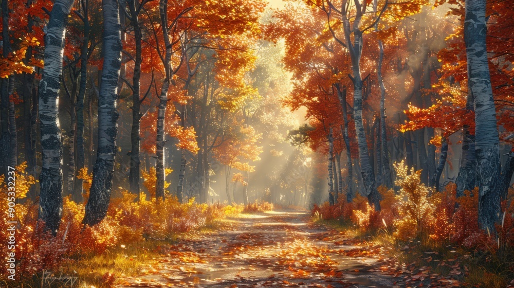 Generative image of a forest path in fall with yellow fallen leaves and soft rays of sunlight. Generative image of a forest path in fall with yellow fallen leaves and soft rays of sunlight.
