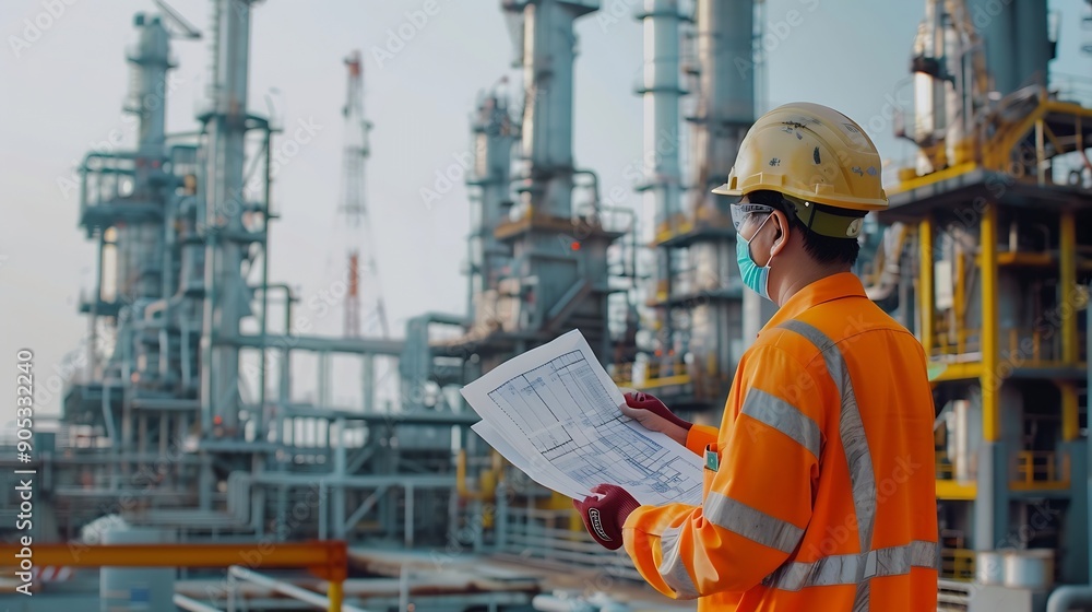 Engineer survey team wear uniform and helmet stand workplace checking blueprint project radio communication and engineer box inspection work construction site with oil refinery backgr : Generative AI Engineer survey team wear uniform and helmet stand workplace checking blueprint project radio communication and engineer box inspection work construction site with oil refinery backgr : Generative AI