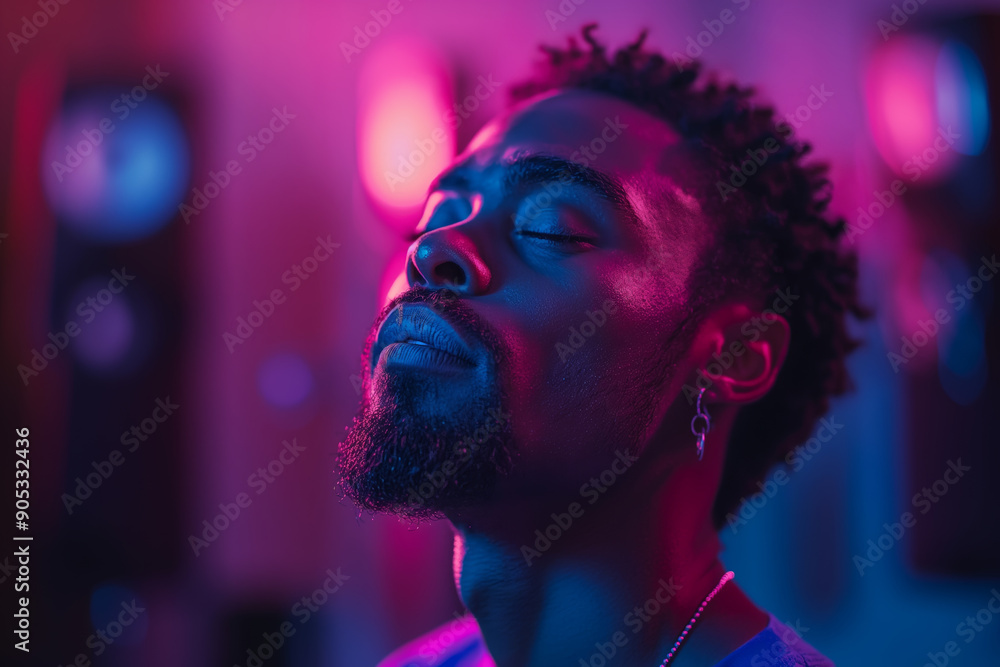 Dreamy Contemplation Man in Neon Lighting Captured in Deep Thought and Relaxation Dreamy Contemplation Man in Neon Lighting Captured in Deep Thought and Relaxation
