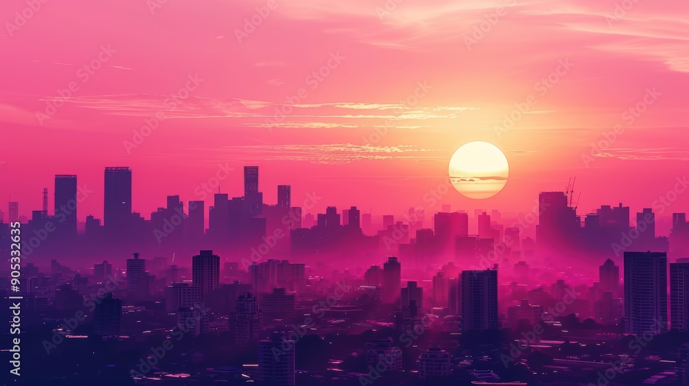 Obraz premium Tranquil Urban Silhouette at Pink Sunset - Cityscape Relaxation Scene with Dusk Skyline Gradient