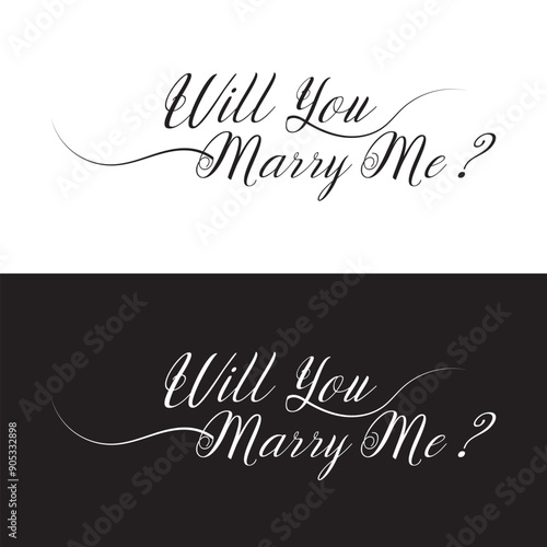 Will You Marry Me Hand Lettering Greeting Card. Modern Calligraphy. Vector Illustration. Wedding decor. isolated on white and black background. EPS 10