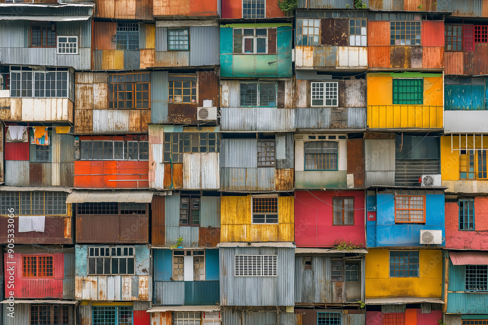 Colorful Rustic Urban Housing Complex with Metal Facades and Diverse Windows Colorful Rustic Urban Housing Complex with Metal Facades and Diverse Windows