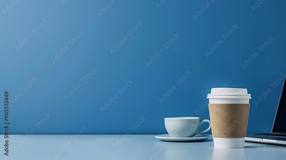 Solid Blue Background with Laptop and Coffee Cup on Sleek Desk, Ample Copy Space Solid Blue Background with Laptop and Coffee Cup on Sleek Desk, Ample Copy Space