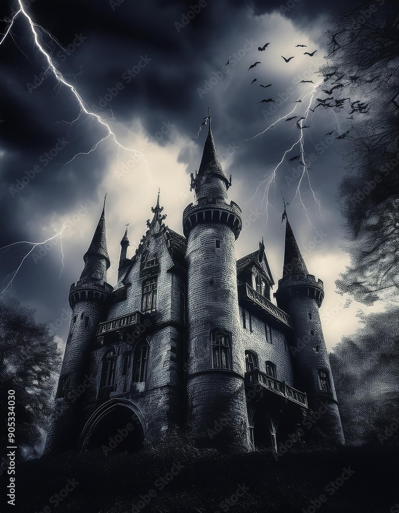 Gothic Castle in Thunderstorm: Black and White Art
Gothic Castle in Thunderstorm: Black and White Art