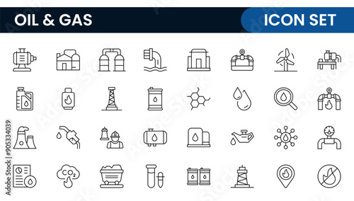 Set of Oil Gas Industry Line Icons. Contains such Icons as Gas Station, Oil Factories, Transportation, and more. line icon set.