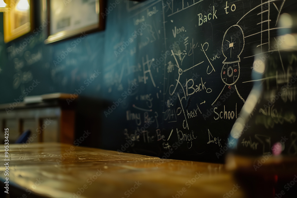 Fototapeta premium An abstract view of a black chalkboard, densely inscribed with intricate scientific formulas, dominates the scene.