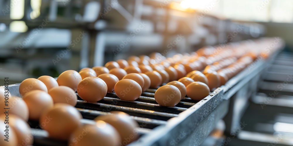 Conveyor Belt with Fresh Eggs in Modern Egg Production Facility Conveyor Belt with Fresh Eggs in Modern Egg Production Facility