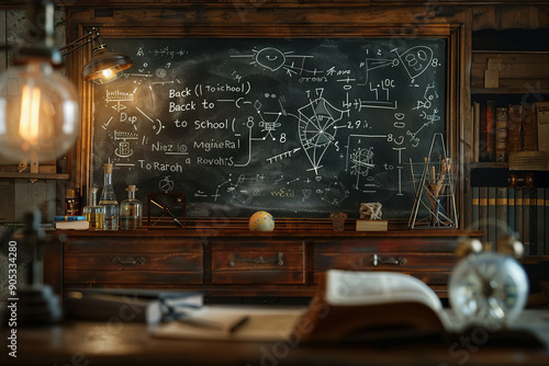 An abstract view of a black chalkboard, densely inscribed with intricate scientific formulas, dominates the scene. photo