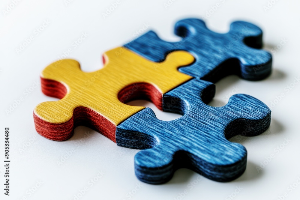 Fototapeta premium three interlocking puzzle pieces in yellow, blue, and red symbolizing unity and diversity