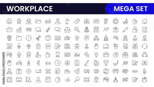 Workplace web icons in line style. Employ, conference, project, document, business, work, support, contact us, productivity strategy, collection.