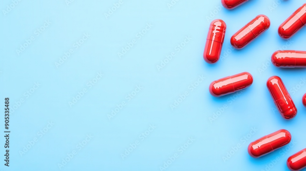 Vibrant red capsules scattered on a soft blue background, ideal for health, medication, or pharmaceutical themes. Vibrant red capsules scattered on a soft blue background, ideal for health, medication, or pharmaceutical themes.