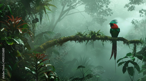 A resplendent quetzal perched gracefully on a branch in the dense, misty cloud forest of Central America. photo