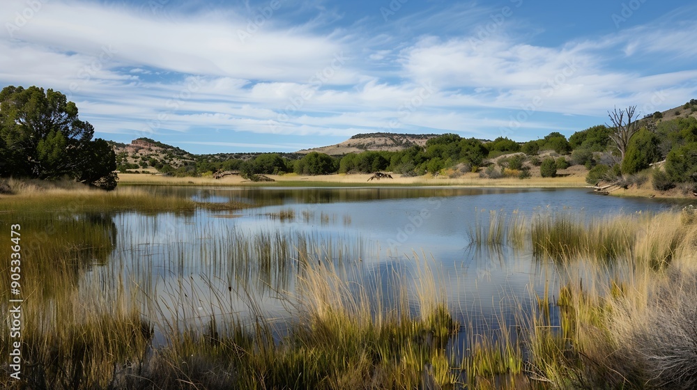 Fototapeta premium Storrie Lake State Park Recreations area in Las Vegas New Mexico : Generative AI