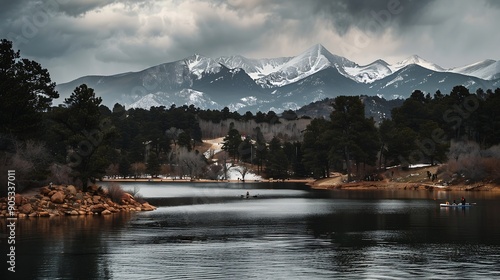 Manitou Lake on overcast day with snowy mountain pikes peak in background framed by patches of firest trees where people fish boat and hike : Generative AI photo