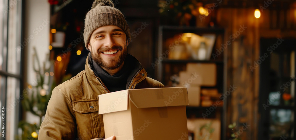 A cheerful man holds a cardboard box, standing in a cozy shop decorated with warm lights, evoking a festive and inviting atmosphere. A cheerful man holds a cardboard box, standing in a cozy shop decorated with warm lights, evoking a festive and inviting atmosphere.