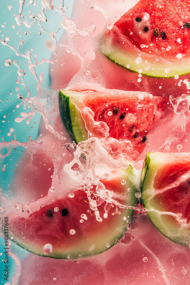 Summer creative background with refreshing red watermelon. Ripe, fresh, tasty and sweet watermelon, summer pattern design.
Summer creative background with refreshing red watermelon. Ripe, fresh, tasty and sweet watermelon, summer pattern design.