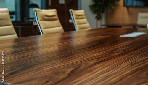 photo of an empty dark walnut wooden top table in a sophisticated office, bold color, no noise object