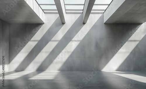 A spacious, empty room with concrete walls and floors, sunlight streaming through large windows.