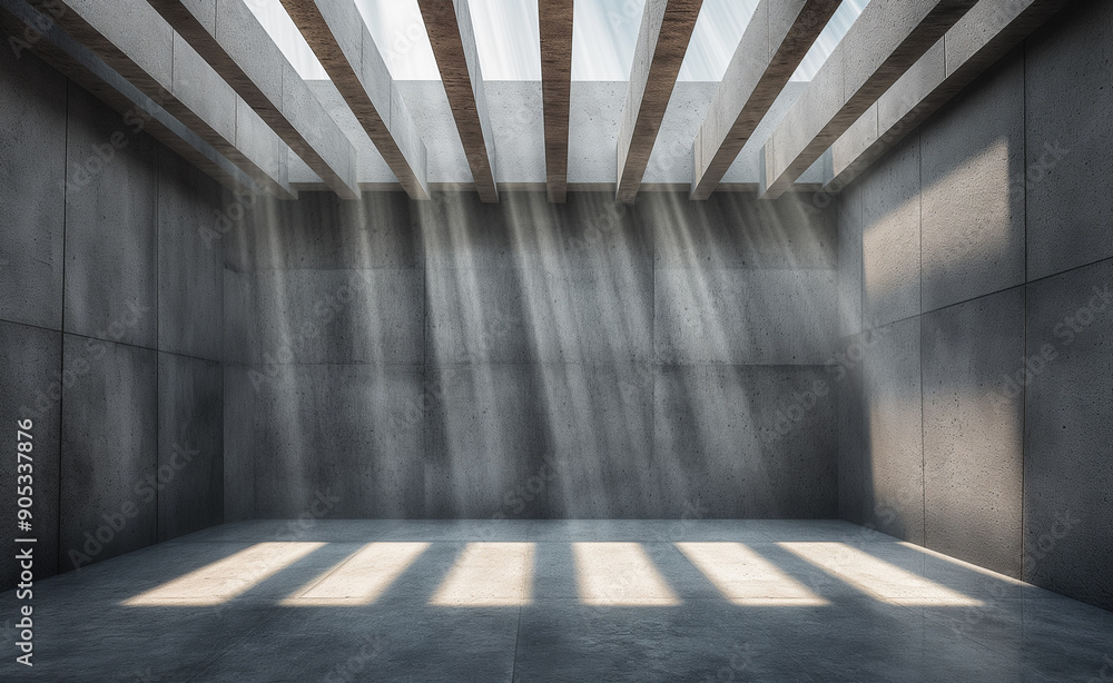 A spacious, empty room with concrete walls and floors, sunlight streaming through large windows. A spacious, empty room with concrete walls and floors, sunlight streaming through large windows.