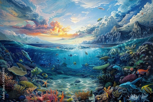 a painting of an underwater scene with a coral reef