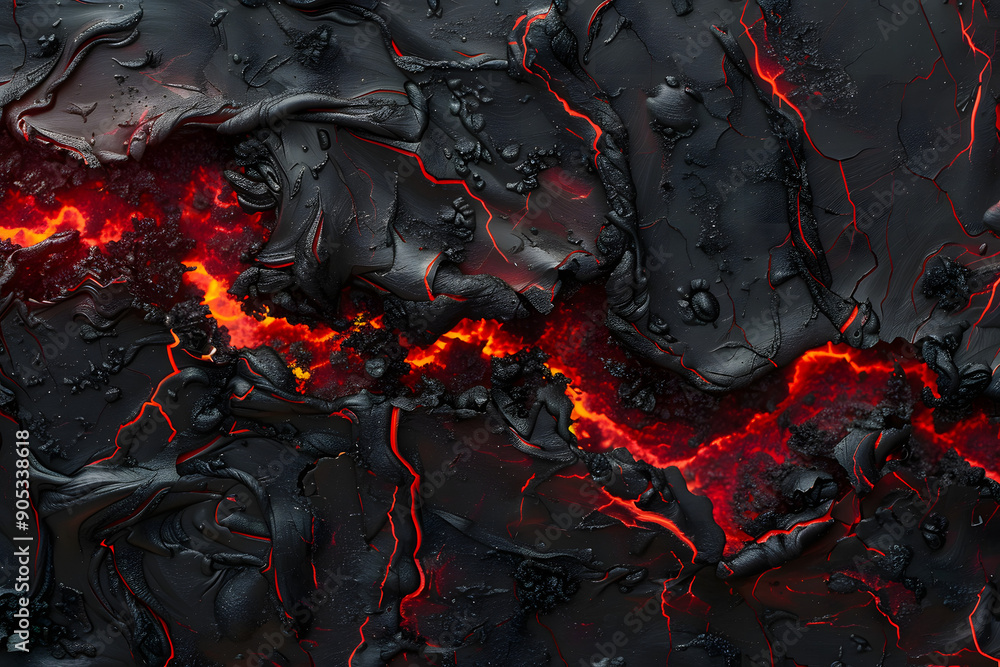 Cooling lava with glowing cracks on a black, rocky surface. Fiery lines running through the dark crust. Concept of volcanic activity and heat Cooling lava with glowing cracks on a black, rocky surface. Fiery lines running through the dark crust. Concept of volcanic activity and heat