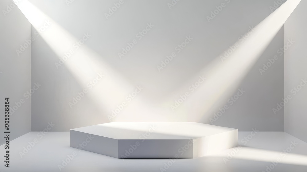 Fototapeta premium Minimalist Hexagonal Podium, Soft Spotlights Creating Dramatic Shadows