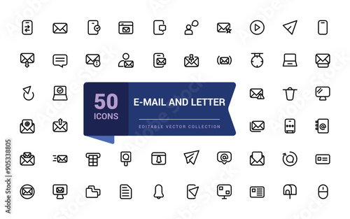 E-Mail And Letter icon set. Related to Newsletter, Email document, Correspondence icons. Minimalist thin linear web ui icon set. Simple editable vector stroke illustration.