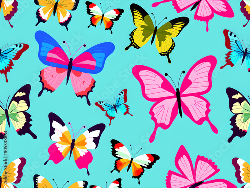 Colorful butterflies on a teal background © Janos