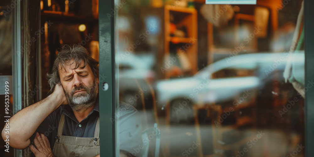 Exhausted Man Taking a Break at a Busy Cafe Window Exhausted Man Taking a Break at a Busy Cafe Window