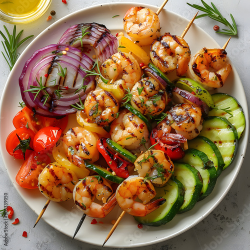 delicious grilled shrimp skewers with colorful vegetables on a plate, perfect for a summer barbecue or healthy meal concept isolated on white background, studio photography, png photo