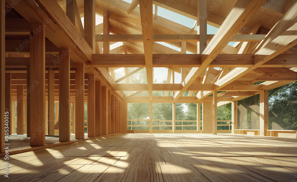 A wooden structure with beams and open windows, showing early stages of construction. A wooden structure with beams and open windows, showing early stages of construction.