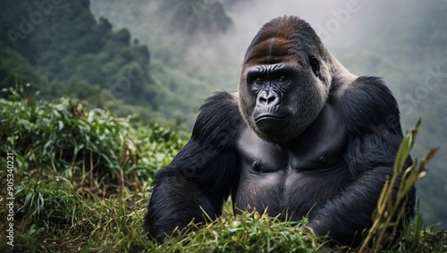 Majestic gorilla in misty mountain setting photo